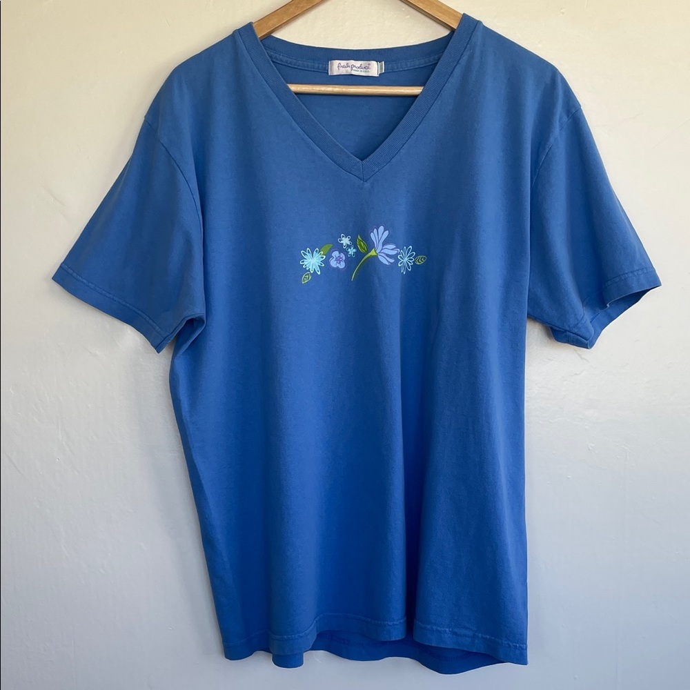Fresh Produce Floral V Neck Tee Shirt Blue Large